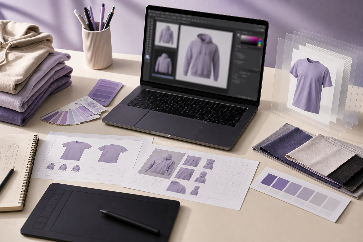 Designer workspace creating custom apparel mockups in photoshop