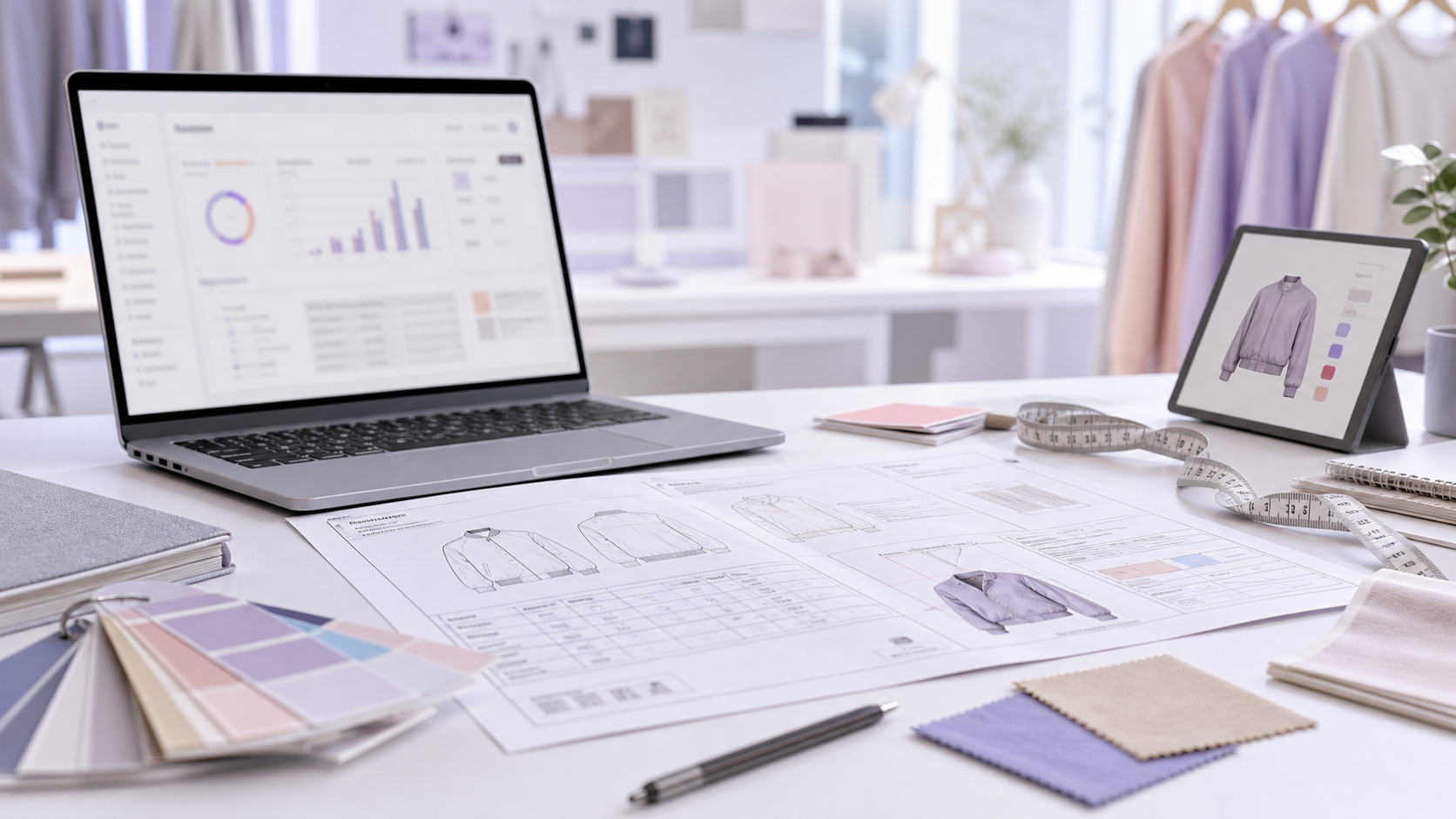 Fashion studio desk with production tech pack sheets and apparel design dashboard